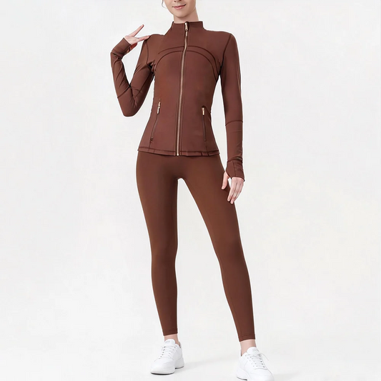 USA Zipper Two Piece Legging Sets Women High Elastic Yoga Outfit Long Sleeve Tops & Pants Gym Set