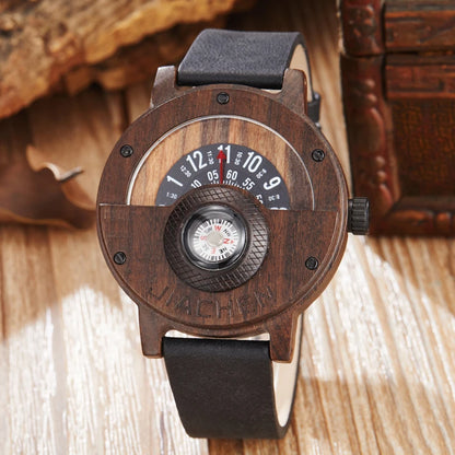 Men Wood Bamboo Watch Unique Turntable Dial  Male Military Watches Compass Quartz Watch With Leather Band