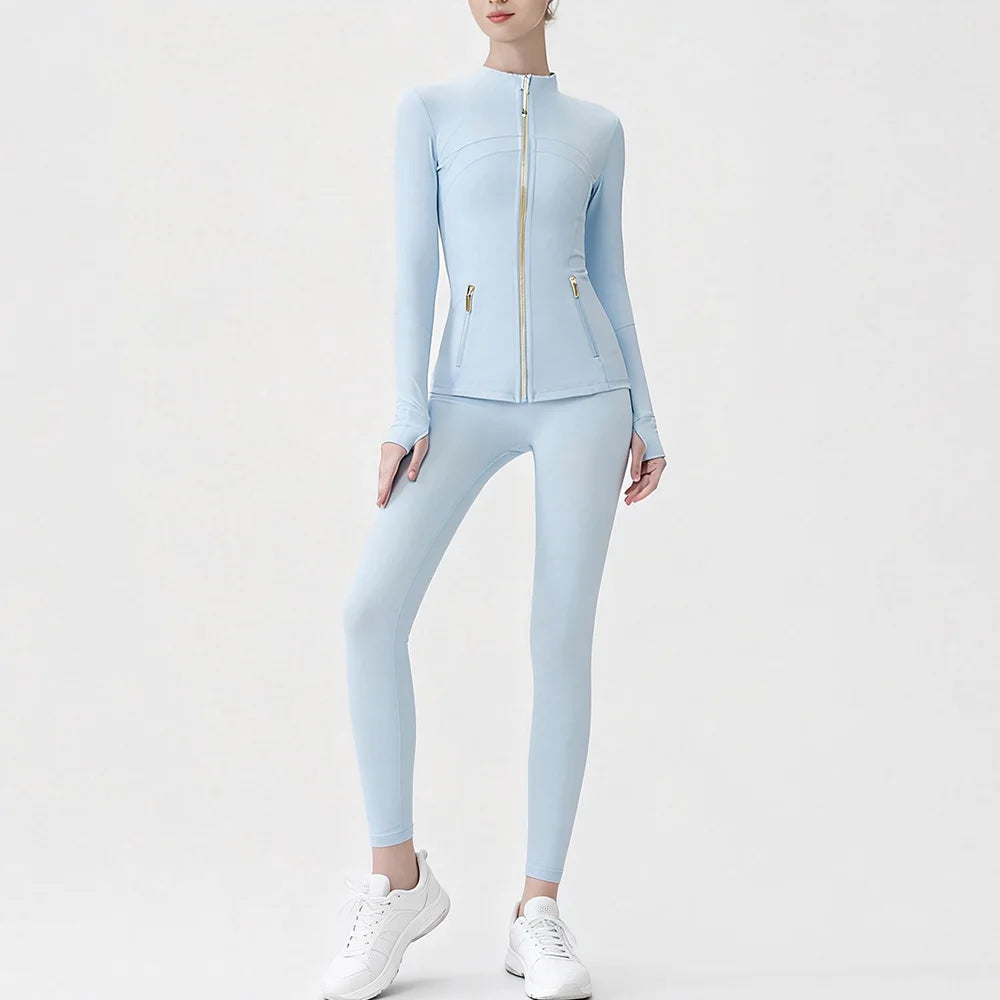 USA Zipper Two Piece Legging Sets Women High Elastic Yoga Outfit Long Sleeve Tops & Pants Gym Set