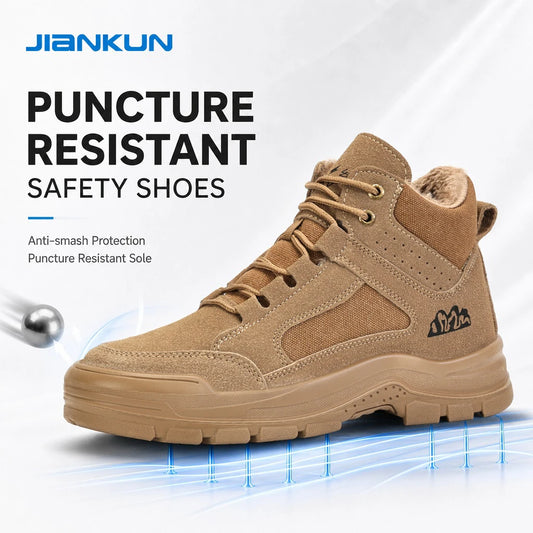 JIANKUN Mid Cut Unisex Suede Leather Work Boots Sneakers with Anti-Smash Iron Toe Comfortable Warm Safety Shoes for Men Women