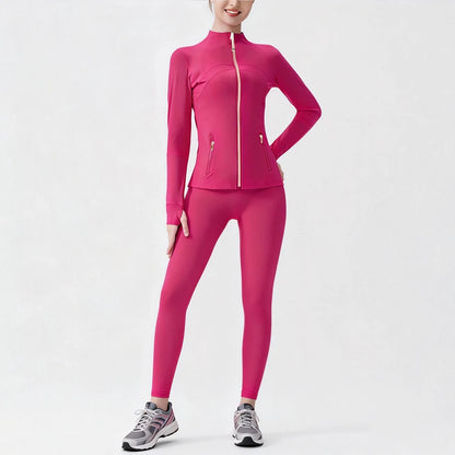 USA Zipper Two Piece Legging Sets Women High Elastic Yoga Outfit Long Sleeve Tops & Pants Gym Set