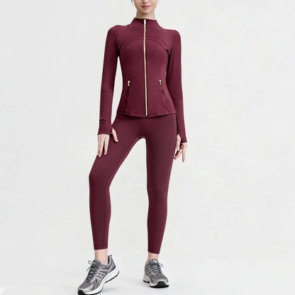 USA Zipper Two Piece Legging Sets Women High Elastic Yoga Outfit Long Sleeve Tops & Pants Gym Set