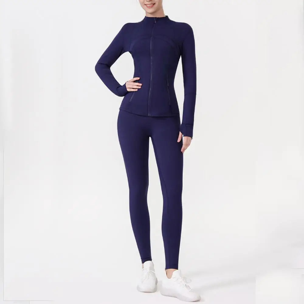 USA Zipper Two Piece Legging Sets Women High Elastic Yoga Outfit Long Sleeve Tops & Pants Gym Set