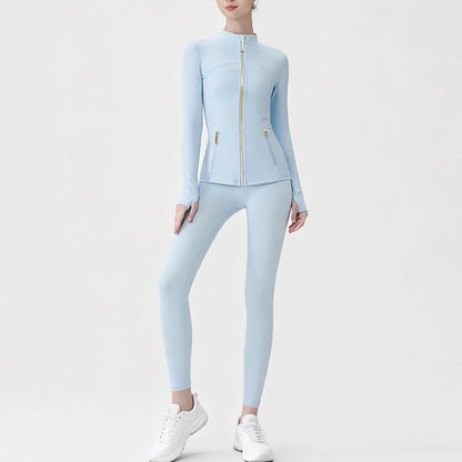 USA Zipper Two Piece Legging Sets Women High Elastic Yoga Outfit Long Sleeve Tops & Pants Gym Set