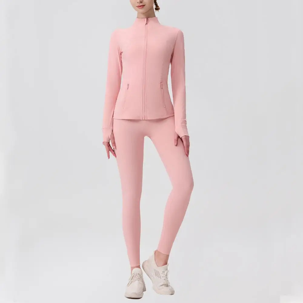 USA Zipper Two Piece Legging Sets Women High Elastic Yoga Outfit Long Sleeve Tops & Pants Gym Set
