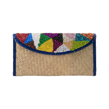Hand woven Clutch Bag With Embroidery Triangles with Blue Trim.