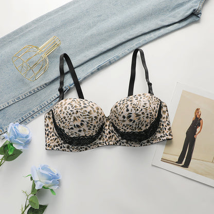 Cross-border European and American sexy underwear women's plus size leopard print gathered underwear big chest small anti-sagging bra supply wholesale