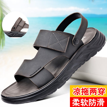 Men's Trendy Sandals 2024 Summer Outwear Genuine Leather Casual Beach Shoes Men's Non-Slip Driving Dual-Use Slippers