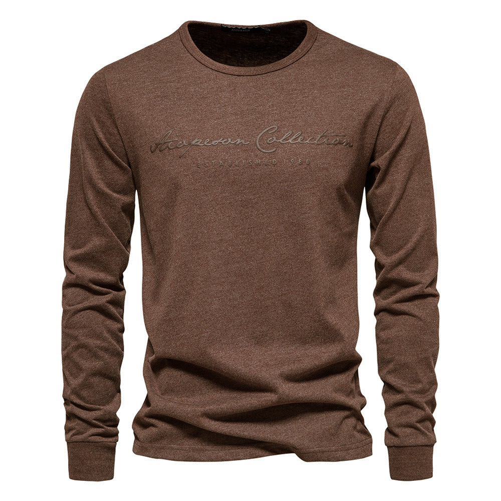 Printed Shirt European Size Round Neck Men's Long-Sleeved Bottoming Letter New Casual Sports Pure Color Cotton T-Shirt