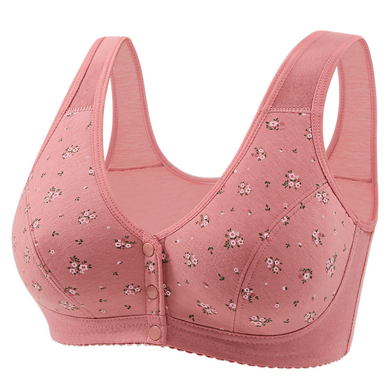 Front Button Middle-Aged and Elderly Large Size Push-Up Bra Thin Underwear Women's Soft Cotton Printed Wire-Free Vest Style Underwear