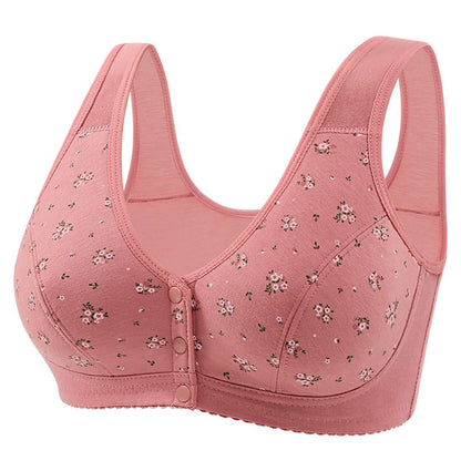 Front Button Middle-Aged and Elderly Large Size Push-Up Bra Thin Underwear Women's Soft Cotton Printed Wire-Free Vest Style Underwear