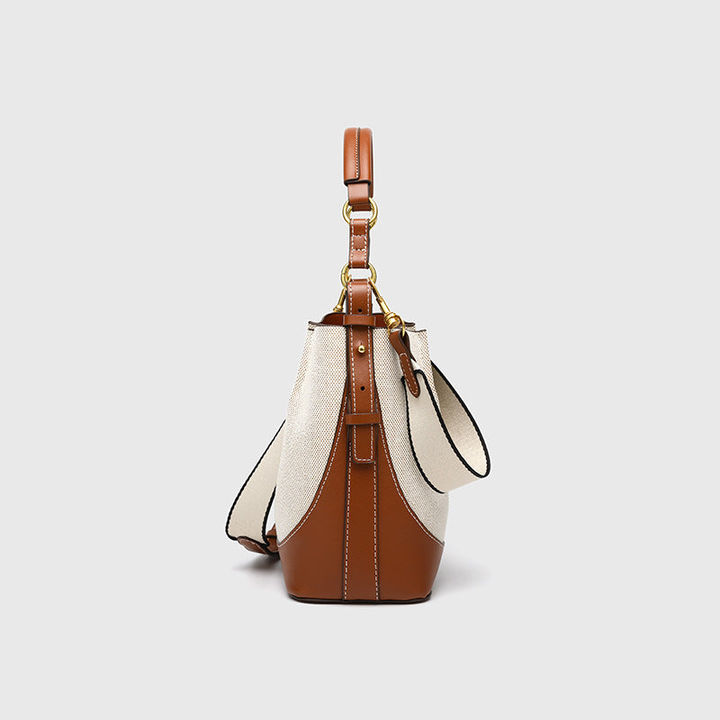 Za Canvas Bucket Bag with Unique Design, Fashionable Women's Bag with Contrasting Colors, Drawstring Closure, Wide Shoulder Strap, Handbag and Shoulder Bag for Export