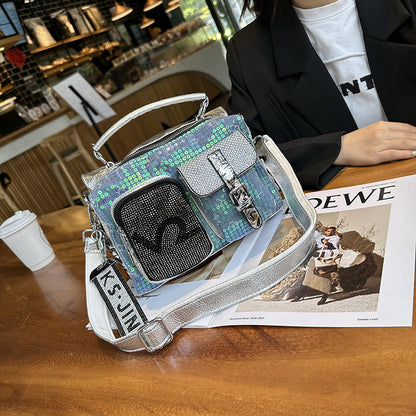 Western Style Hot Diamond Women's Bag 2025 New Fashion Trendy Rhinestone Contrasting Handbag Burst Cracked Glossy Single Shoulder Crossbody Bag