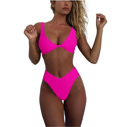 European and American Style Sporty Tight-Fitting Cross-Border Bikini Set for Women, Solid Color Bow Tie High-Waisted Two-Piece Swimsuit Bikini