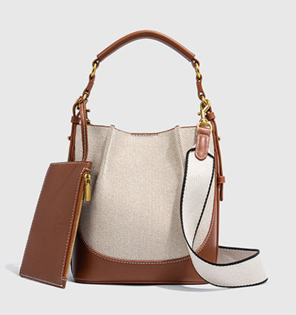 Za Canvas Bucket Bag with Unique Design, Fashionable Women's Bag with Contrasting Colors, Drawstring Closure, Wide Shoulder Strap, Handbag and Shoulder Bag for Export