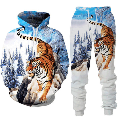 Amazon Aliexpress Cross-Border Best-Selling Spring New Wolf Series Pattern Digital Print Hooded Sweatshirt and Sweatpants