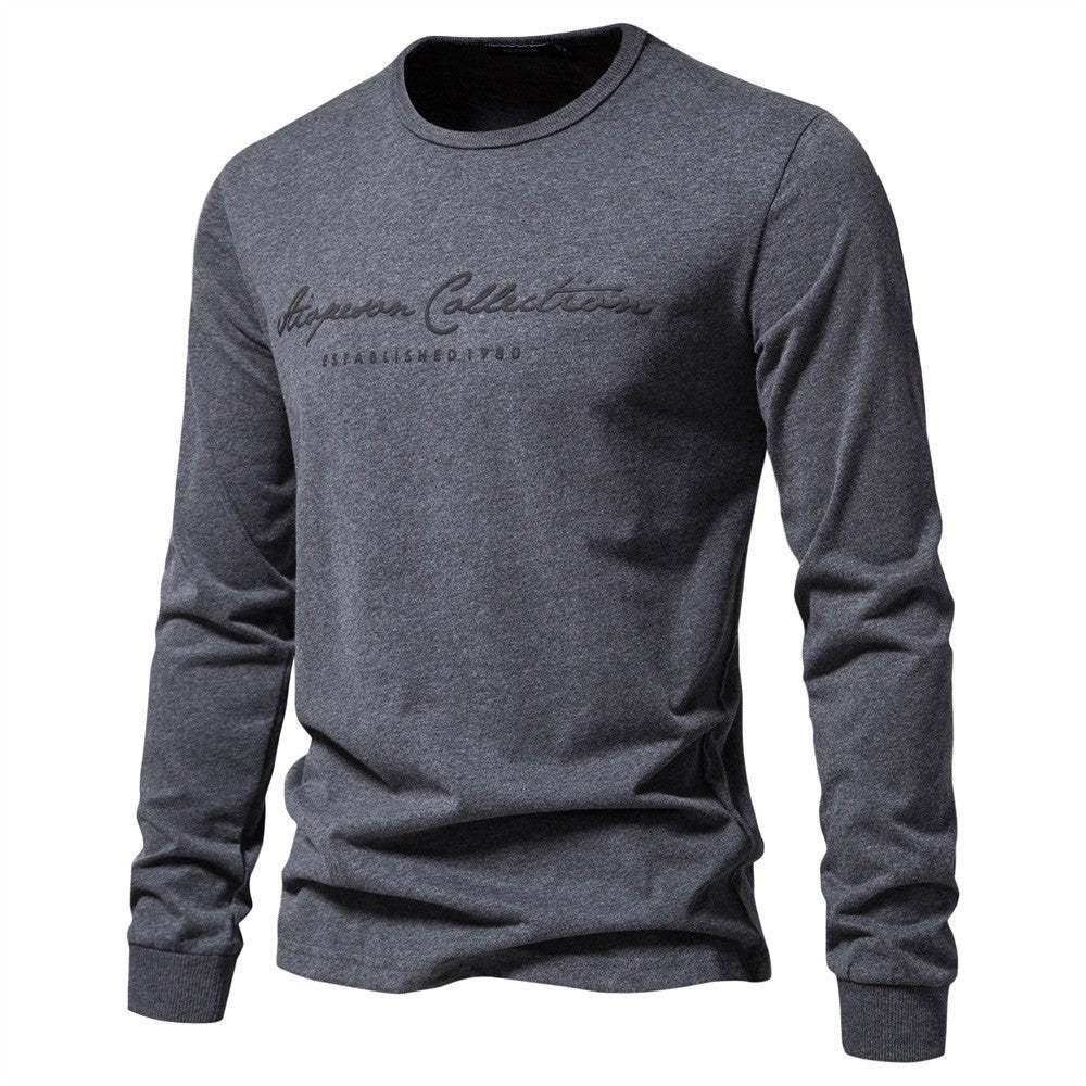 Printed Shirt European Size Round Neck Men's Long-Sleeved Bottoming Letter New Casual Sports Pure Color Cotton T-Shirt