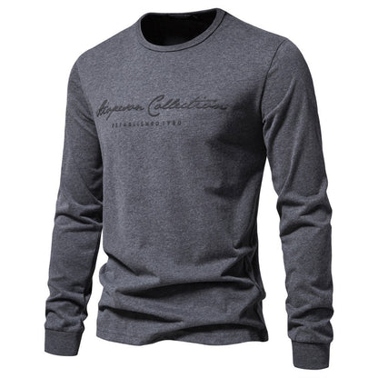 Printed Shirt European Size Round Neck Men's Long-Sleeved Bottoming Letter New Casual Sports Pure Color Cotton T-Shirt