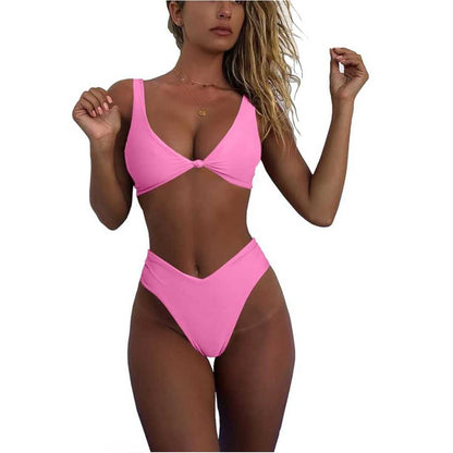 European and American Style Sporty Tight-Fitting Cross-Border Bikini Set for Women, Solid Color Bow Tie High-Waisted Two-Piece Swimsuit Bikini