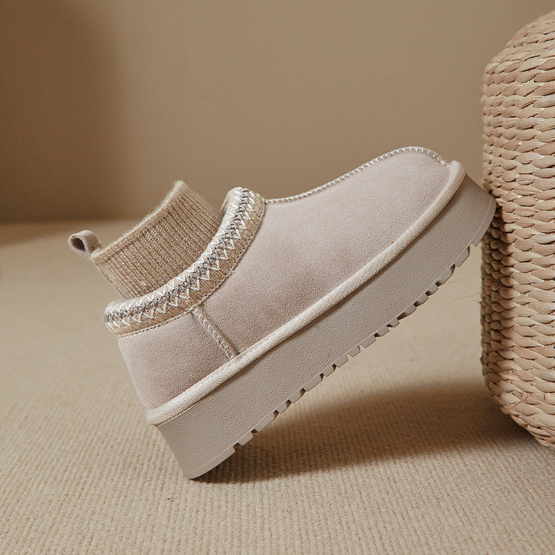 Ethnic Style Knitted Snow Boots for Women 2025 Winter New Fashion Plush Thickened Genuine Leather Thick-Soled Short Cotton Shoes Trendy