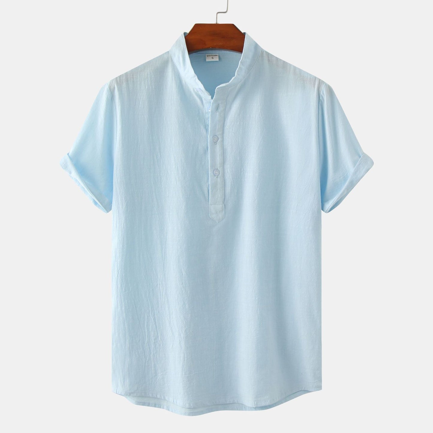 2024 Summer Amazon wish Explosions Cotton and Linen Shirt Men's European and American Cross-border Solid Color Vertical Collar Short-sleeved Shirt Men