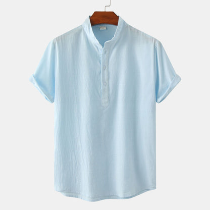 2024 Summer Amazon wish Explosions Cotton and Linen Shirt Men's European and American Cross-border Solid Color Vertical Collar Short-sleeved Shirt Men