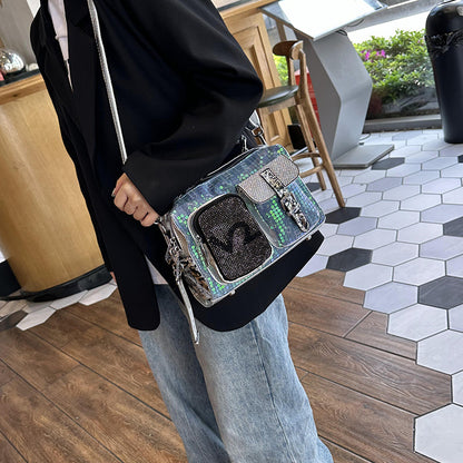 Western Style Hot Diamond Women's Bag 2025 New Fashion Trendy Rhinestone Contrasting Handbag Burst Cracked Glossy Single Shoulder Crossbody Bag