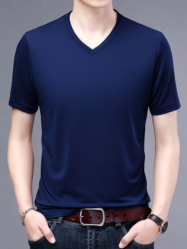 T-shirt Men's V-neck Solid Color Casual Short-sleeved Youth Summer Clothing Korean Fashionable Slim-fit Thin Half-sleeved T-shirt Men's Wear