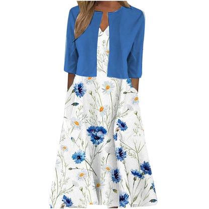 【Code】Ethnic Style Elegant Floral Print Vest Dress Paired with a Mid-Sleeve Cardigan Two-Piece Set