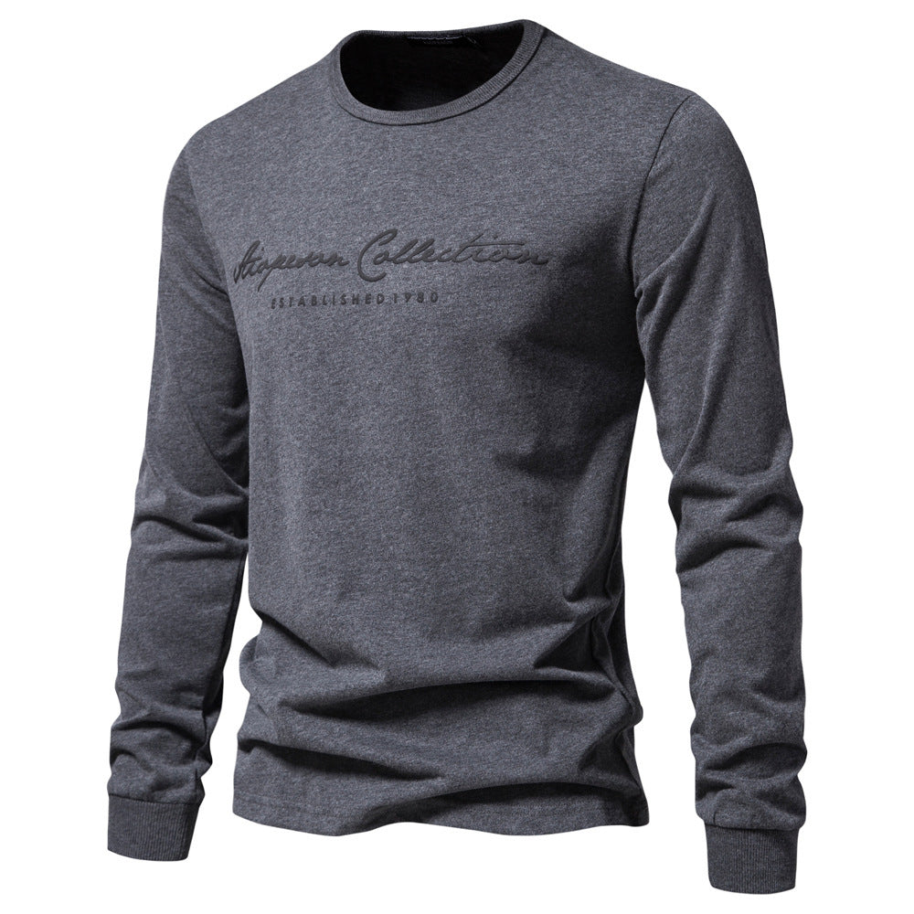 Printed Shirt European Size Round Neck Men's Long-Sleeved Bottoming Letter New Casual Sports Pure Color Cotton T-Shirt