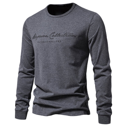 Printed Shirt European Size Round Neck Men's Long-Sleeved Bottoming Letter New Casual Sports Pure Color Cotton T-Shirt