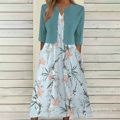 【Code】Ethnic Style Elegant Floral Print Vest Dress Paired with a Mid-Sleeve Cardigan Two-Piece Set