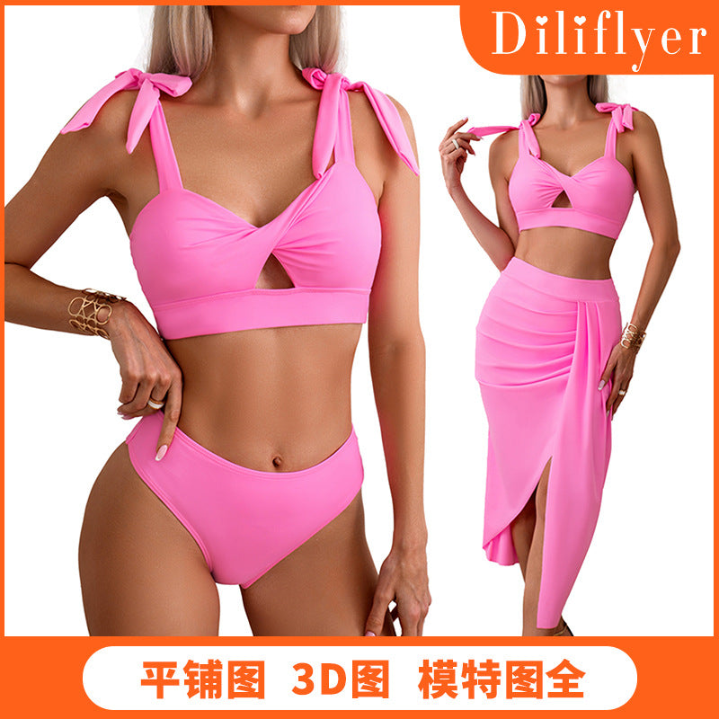 New European and American Amazon Nylon Swimsuit Women's Three-Piece Set Manufacturer Bikini Swimwear in Stock Wholesale Bikini