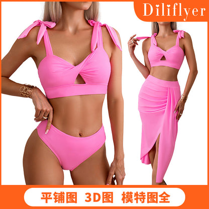 New European and American Amazon Nylon Swimsuit Women's Three-Piece Set Manufacturer Bikini Swimwear in Stock Wholesale Bikini