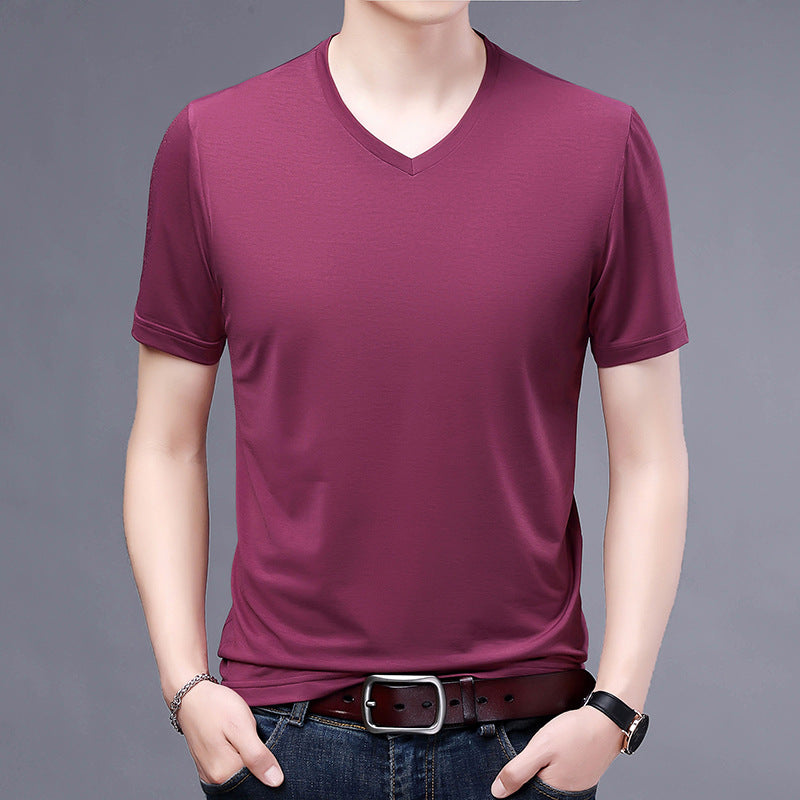 T-shirt Men's V-neck Solid Color Casual Short-sleeved Youth Summer Clothing Korean Fashionable Slim-fit Thin Half-sleeved T-shirt Men's Wear