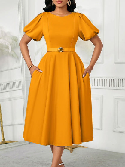 D590 European and American Women's Clothing 2025 Summer Fashion Puff Sleeve Elegant High-Waisted Solid Color Round Neck Large Hem African Dress