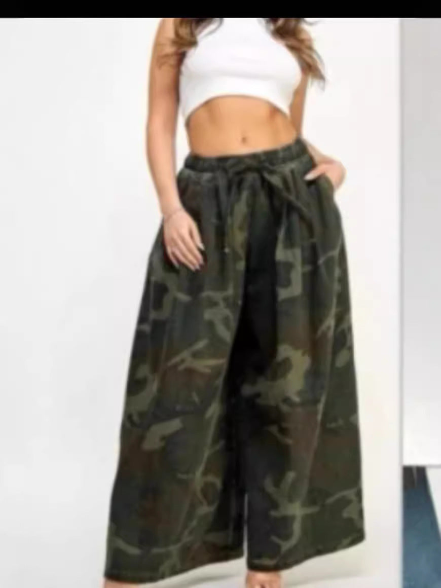 2024 autumn and winter new Amazon European and American casual fashion camouflage wide leg pants women's clothing