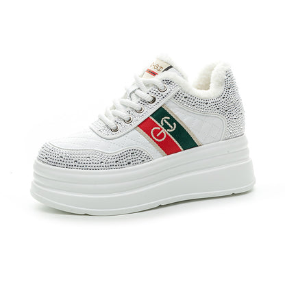 Winter New Thick Sole Height 7cm Fashion All-match Rhinestone Striped Chanel Style Casual Shoes Women's fleece-lined Sneakers