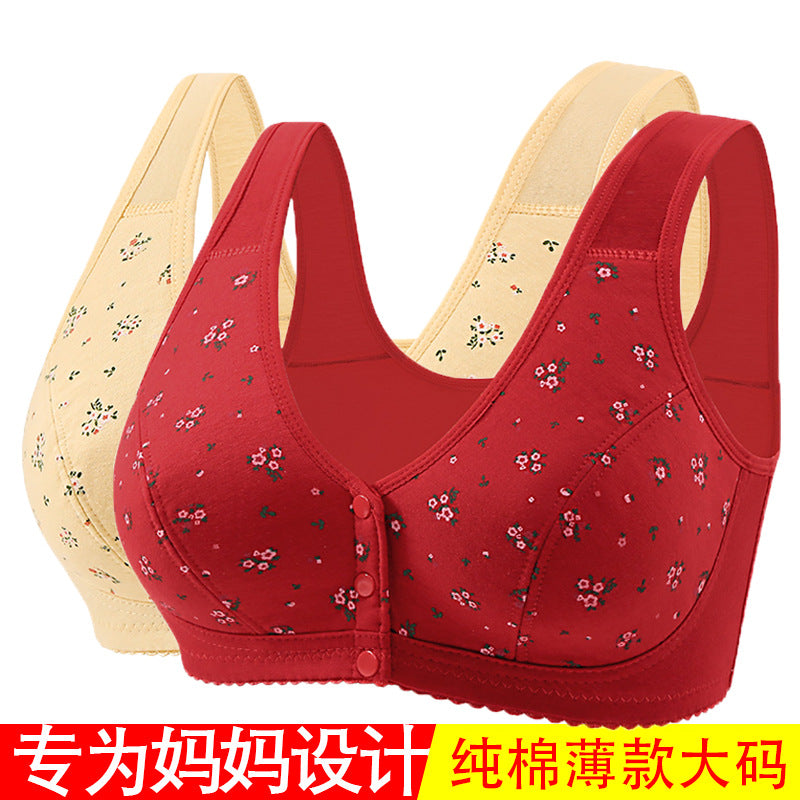 Front Button Middle-Aged and Elderly Large Size Push-Up Bra Thin Underwear Women's Soft Cotton Printed Wire-Free Vest Style Underwear