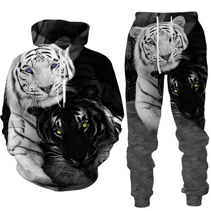 Amazon Aliexpress Cross-Border Best-Selling Spring New Wolf Series Pattern Digital Print Hooded Sweatshirt and Sweatpants