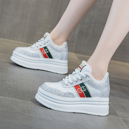 Winter New Thick Sole Height 7cm Fashion All-match Rhinestone Striped Chanel Style Casual Shoes Women's fleece-lined Sneakers