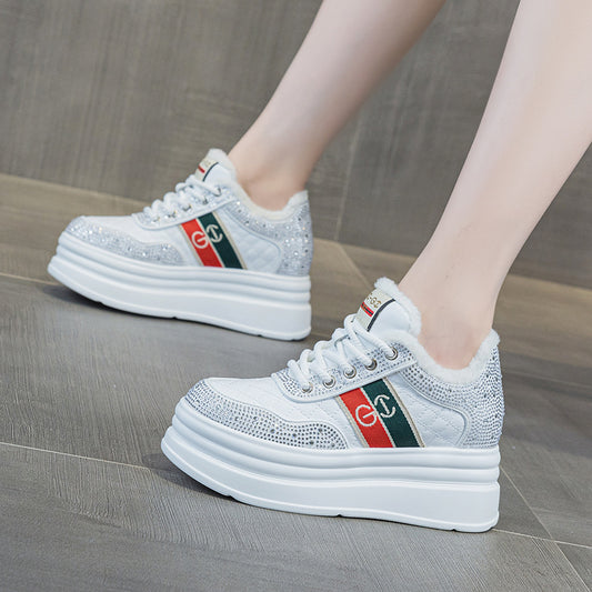 Winter New Thick Sole Height 7cm Fashion All-match Rhinestone Striped Chanel Style Casual Shoes Women's fleece-lined Sneakers