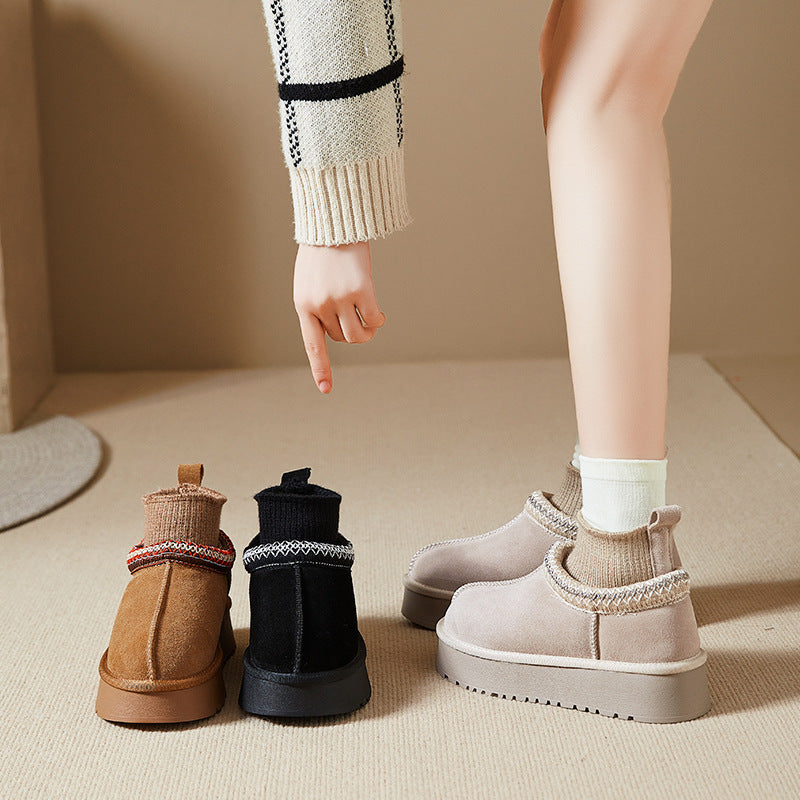 Ethnic Style Knitted Snow Boots for Women 2025 Winter New Fashion Plush Thickened Genuine Leather Thick-Soled Short Cotton Shoes Trendy