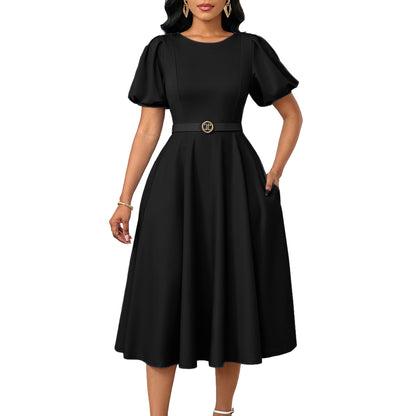 D590 European and American Women's Clothing 2025 Summer Fashion Puff Sleeve Elegant High-Waisted Solid Color Round Neck Large Hem African Dress