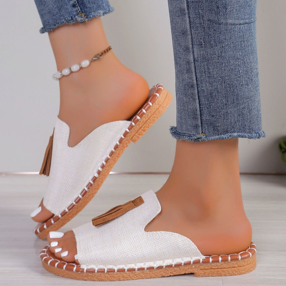 Summer 2023 Foreign Trade Round Head Large Size 40-43 Women's Outer Wear Hemp Rope Sandals and Slippers Fashionable Slipper