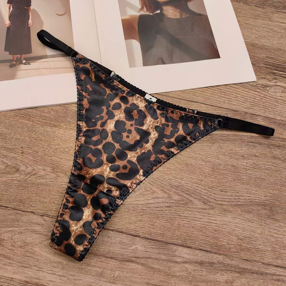 Cross-border Women's Thong Sexy Leopard Print Satin Seamless Underwear Cotton Crotch Breathable Low Waist Underwear