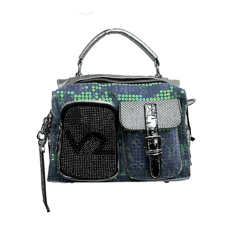 Western Style Hot Diamond Women's Bag 2025 New Fashion Trendy Rhinestone Contrasting Handbag Burst Cracked Glossy Single Shoulder Crossbody Bag