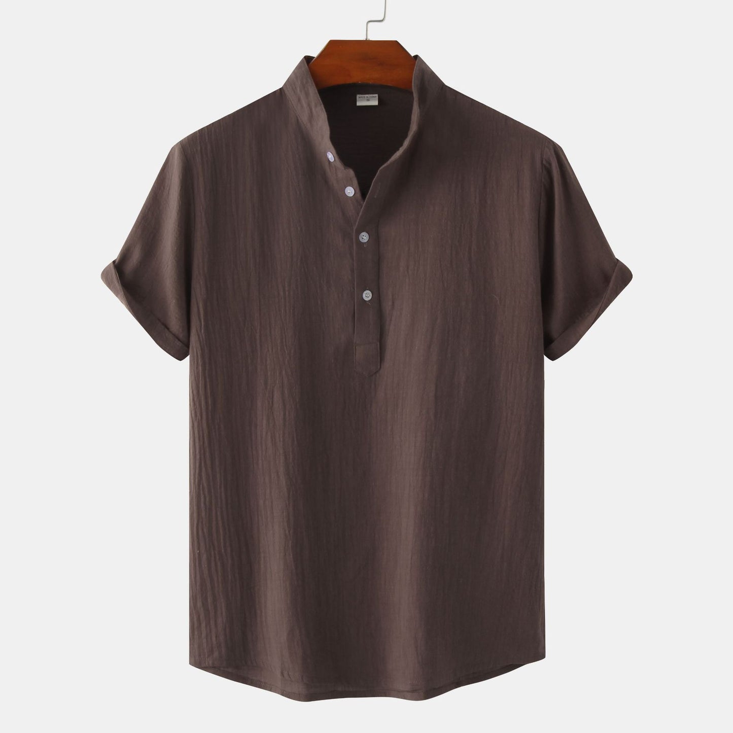2024 Summer Amazon wish Explosions Cotton and Linen Shirt Men's European and American Cross-border Solid Color Vertical Collar Short-sleeved Shirt Men