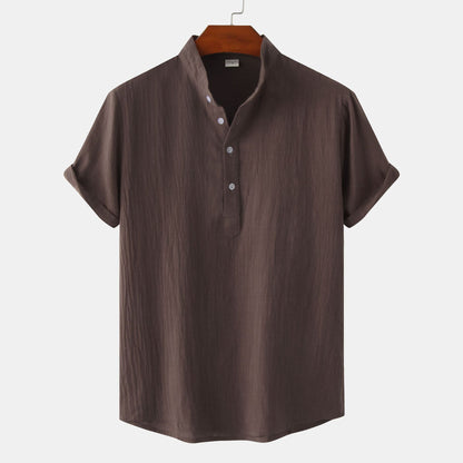 2024 Summer Amazon wish Explosions Cotton and Linen Shirt Men's European and American Cross-border Solid Color Vertical Collar Short-sleeved Shirt Men