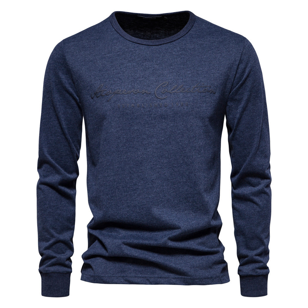 Printed Shirt European Size Round Neck Men's Long-Sleeved Bottoming Letter New Casual Sports Pure Color Cotton T-Shirt